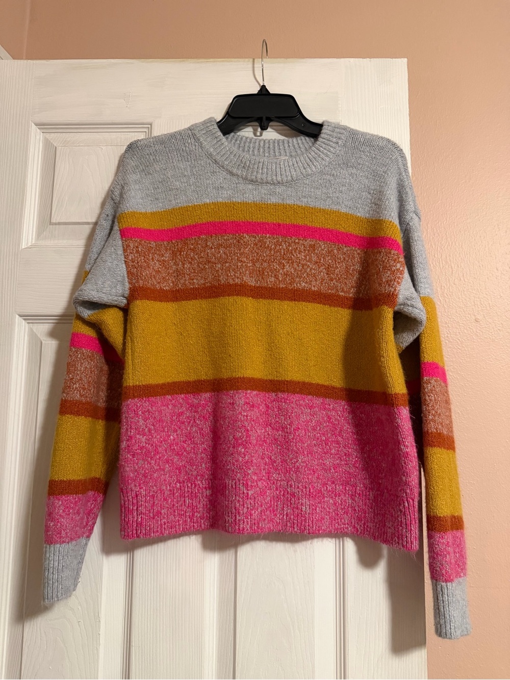 Striped Crewneck Sweater in Gray, Mustard & Pink